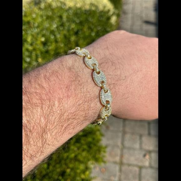 14k Gold Real 925 Sterling Silver Mens Iced Puffed Gucci Link Bracelet Diamond - Picture 2 of 9